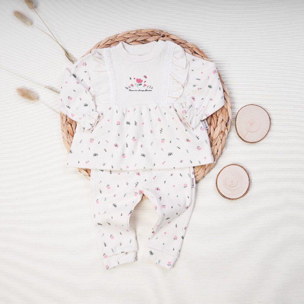 Ribbed Cotton Baby Girl Tunic Set - Flowers CREAM
